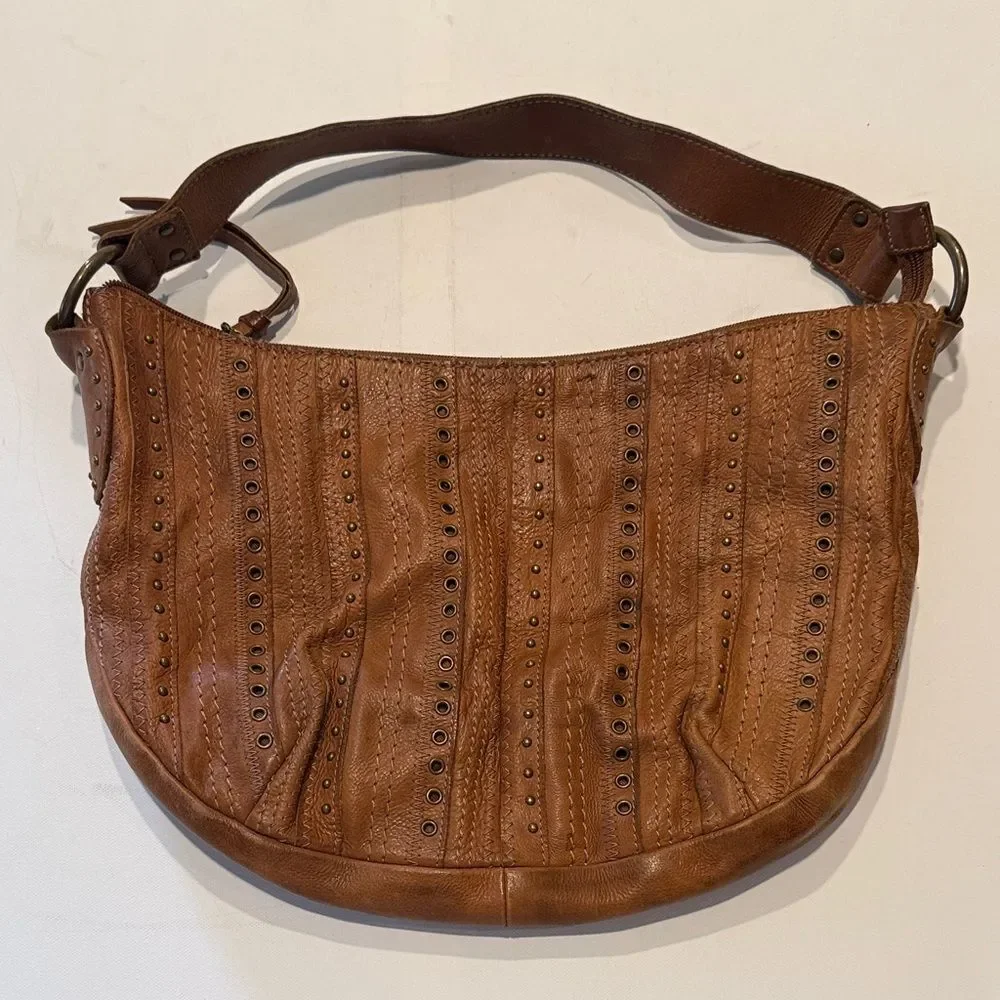 Fossil Tan Leather Hobo Bag with Eyelet Design